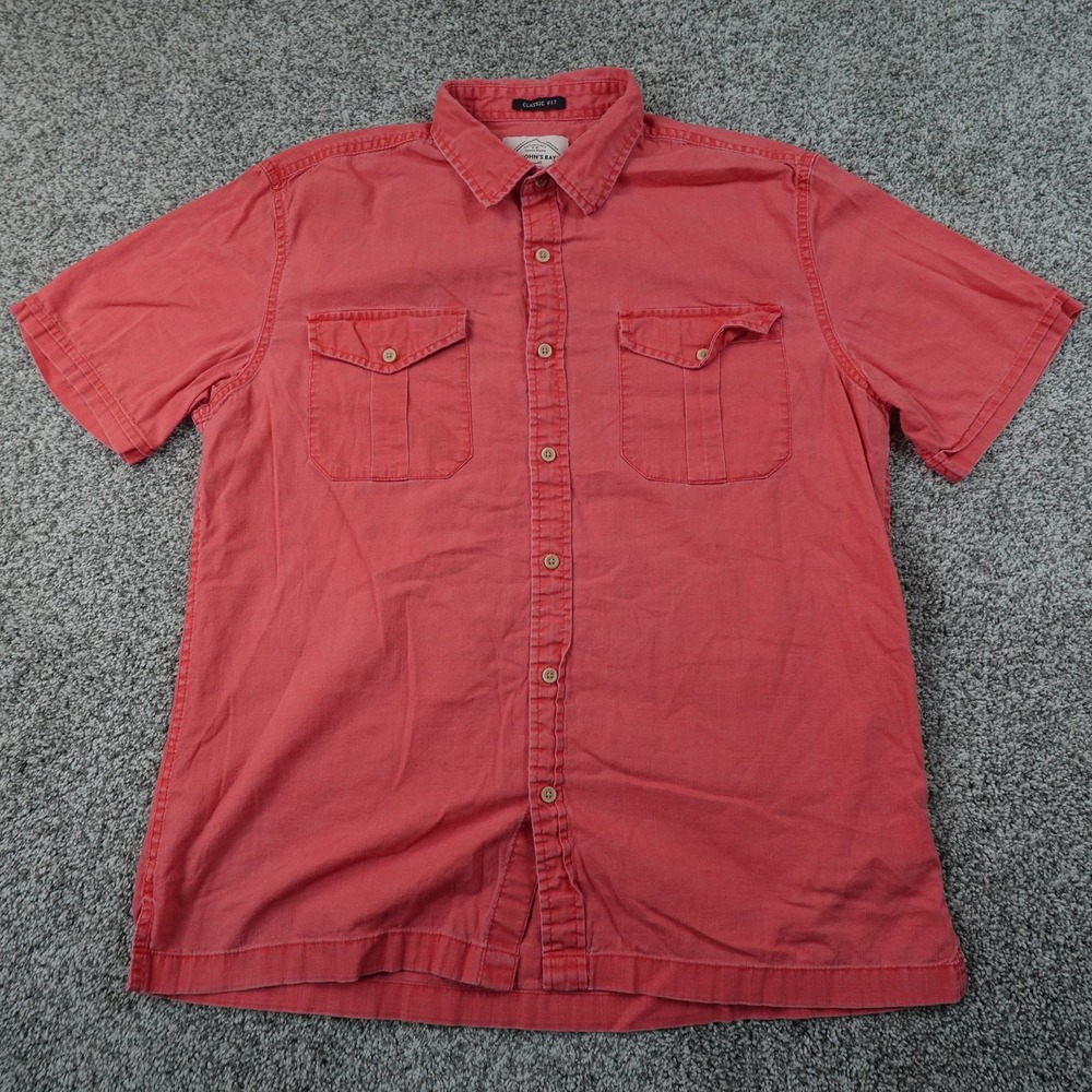St Johns Bay Shirt Mens L Red Chambrray Short Sleeve Button Up Casual Work Top